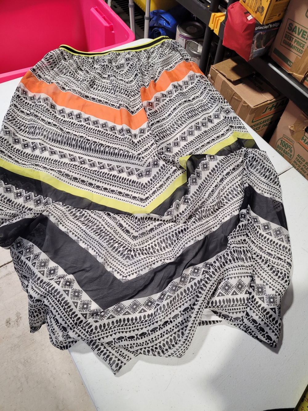 Old Navy Black & White Patterned Maxi Skirt with Orange and Yellow Stripes